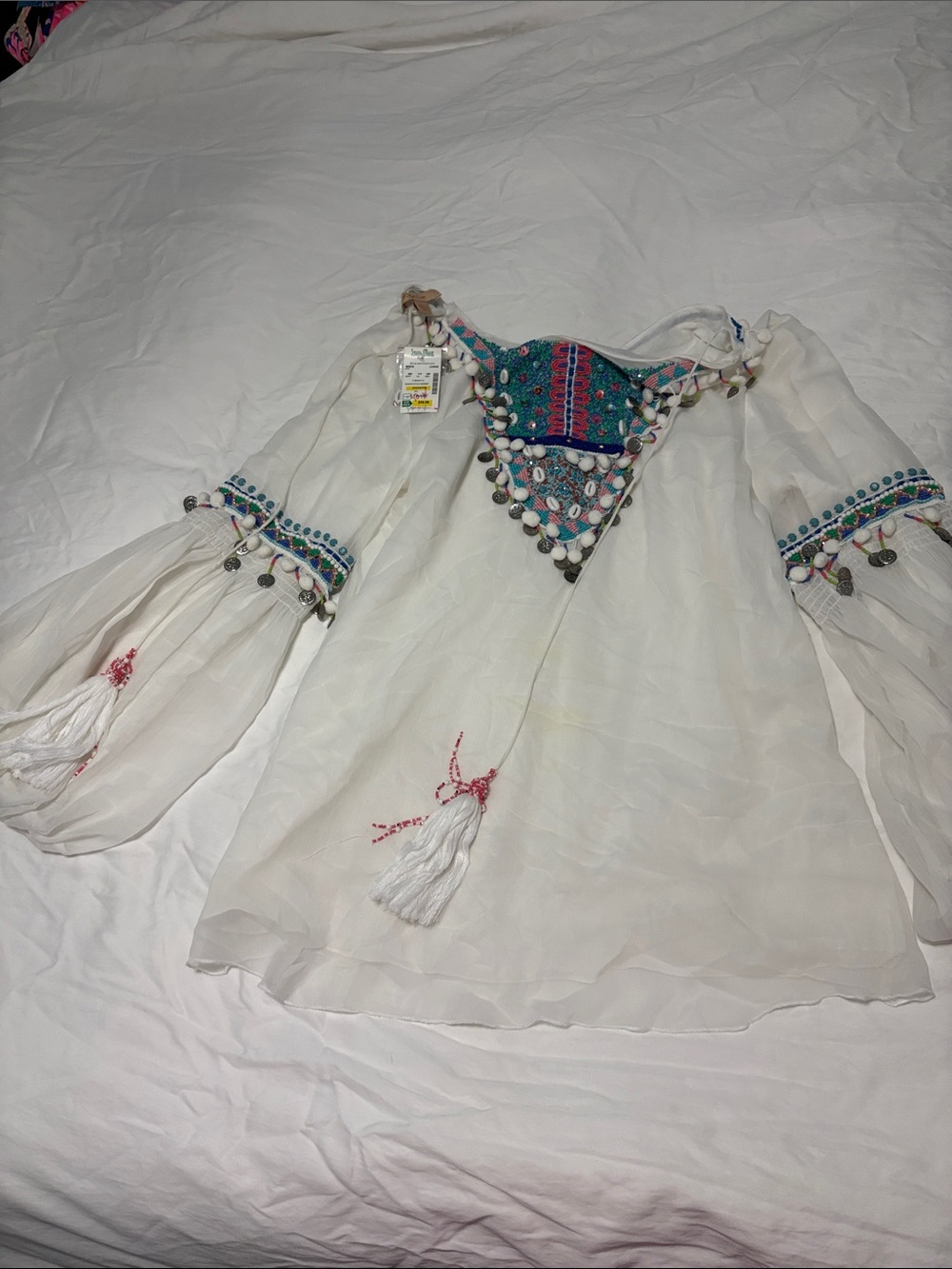 Boho Embroidered Ivory Peasant Top with Tassels